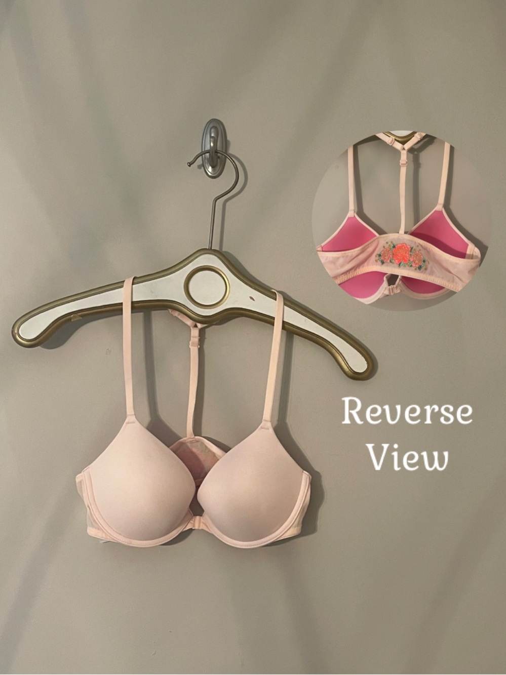 PINK Victoria Secret Wear Everywhere Push Up T-Strap Front Closure Embroided 34B